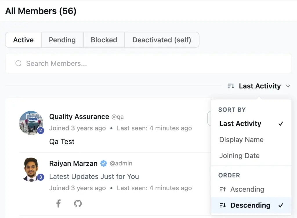 Members list in FluentCommunity showing the new sort dropdown with field choices and Ascending/Descending order options