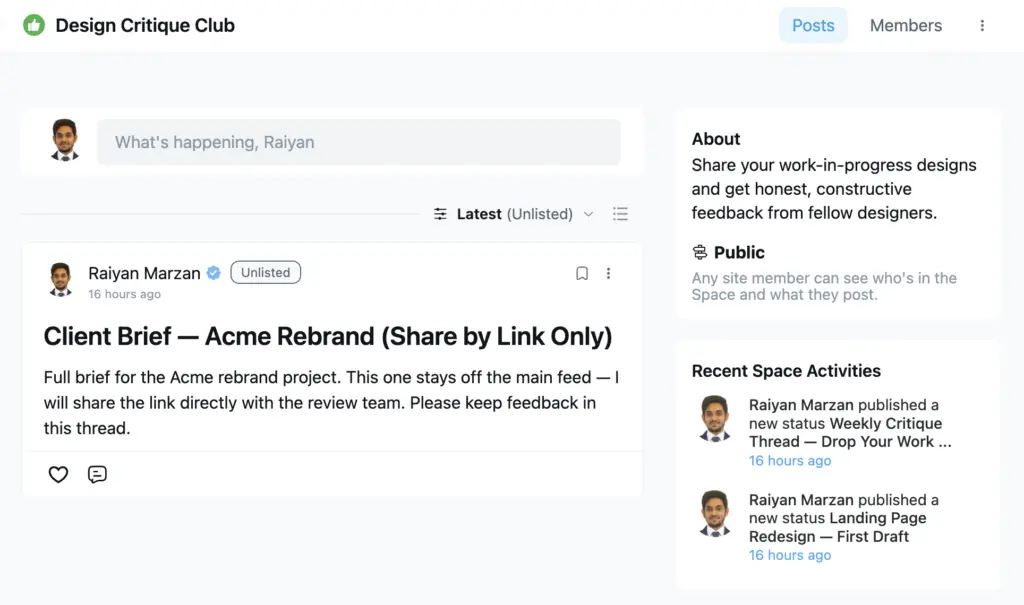FluentCommunity feed showing the Unlisted visibility posts with an Unlisted badge
