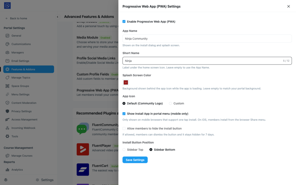 PWA settings drawer in FluentCommunity showing App Name, Short Name, Splash Screen Color, and App Icon fields