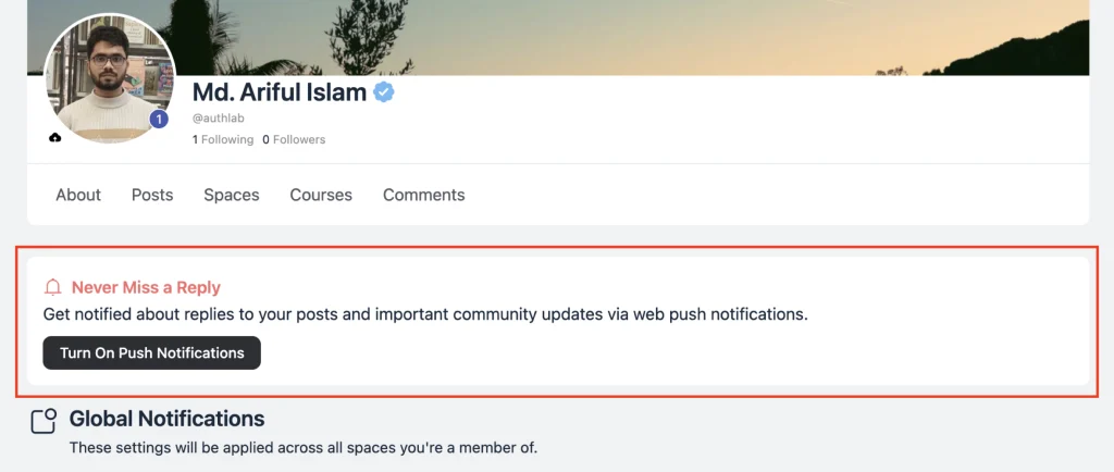FluentCommunity notification settings showing the Never Miss a Reply push notification prompt with a Turn On Push Notifications button