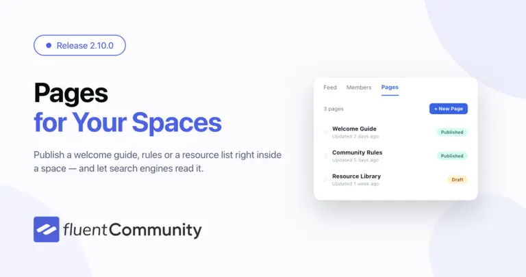 FluentCommunity 2.10.0 release banner reading "Pages for Your Spaces", showing a space Pages tab listing published pages with their status
