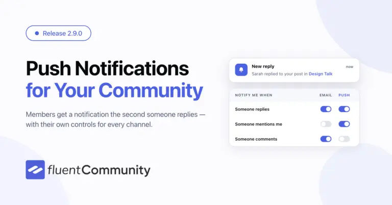 FluentCommunity 2.9.0 release banner reading "Push Notifications for Your Community", with a push notification card and per-channel preference toggles