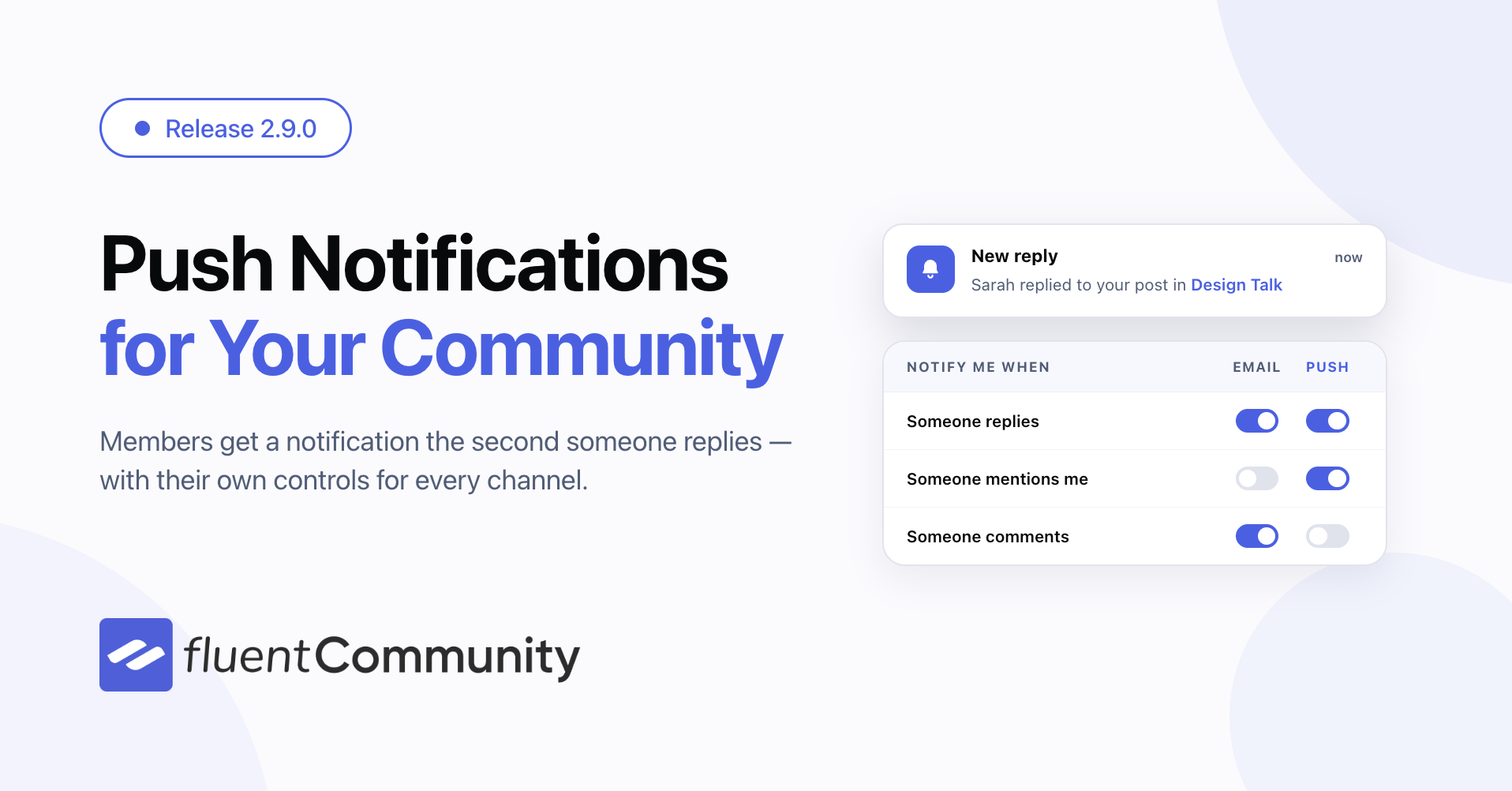 FluentCommunity 2.9.0 release banner reading "Push Notifications for Your Community", with a push notification card and per-channel preference toggles