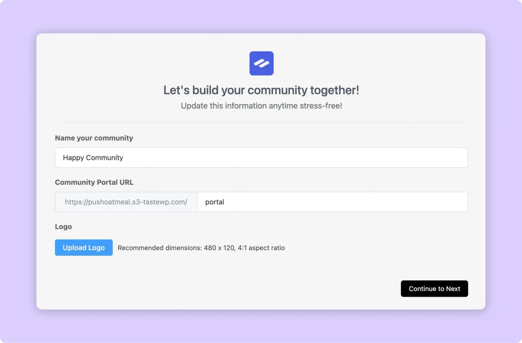 FluentCommunity Setup Wizard step 1 with community name, portal URL, and logo fields
