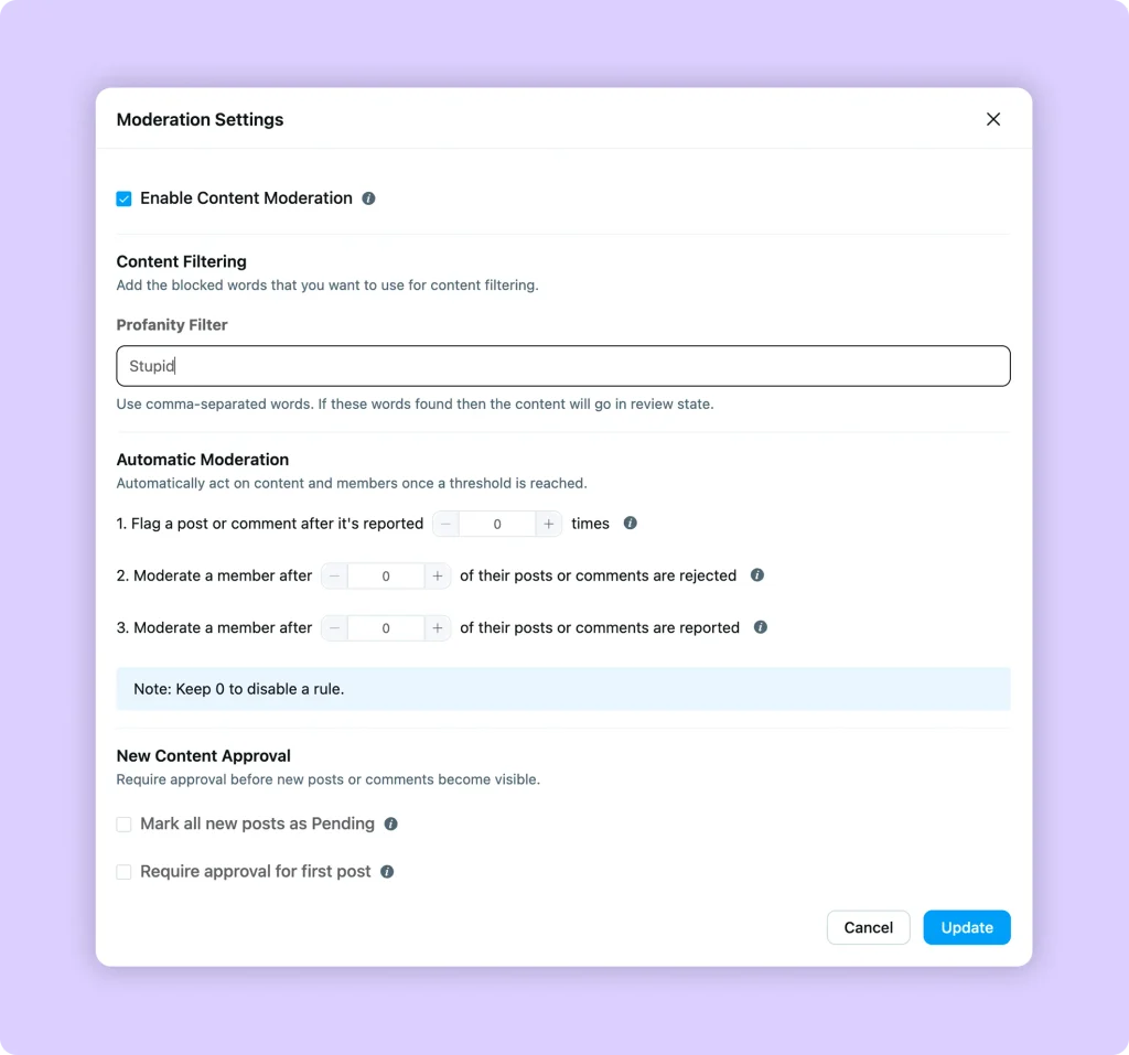 FluentCommunity content moderation settings with profanity filter and auto-flag threshold