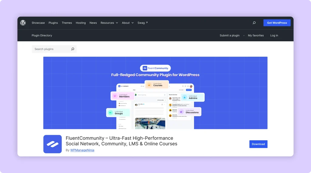 FluentCommunity plugin listing in WordPress Add Plugins screen with Install button