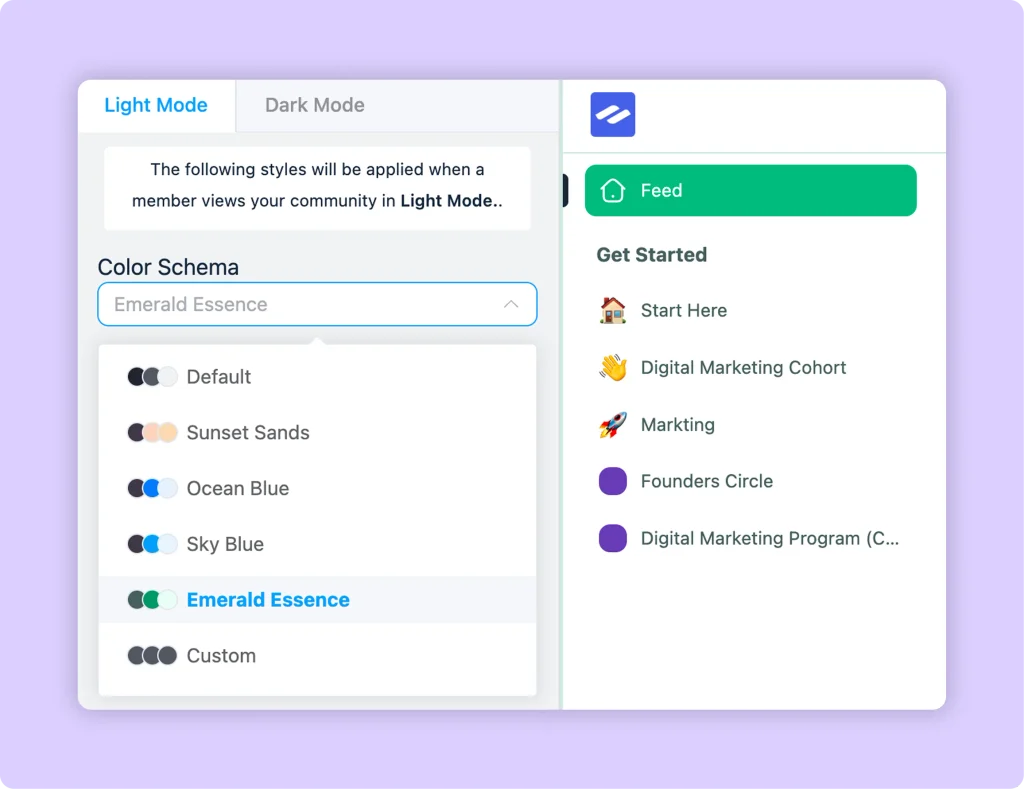 FluentCommunity portal in dark mode with custom logo and brand colors
