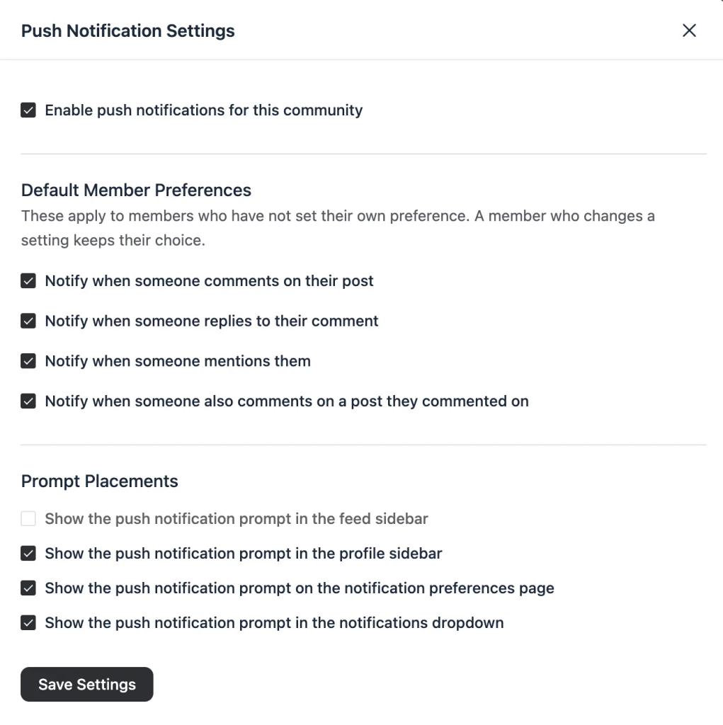 Push Notification Settings screen in FluentCommunity showing the community enable switch, default member preferences, and prompt placement options