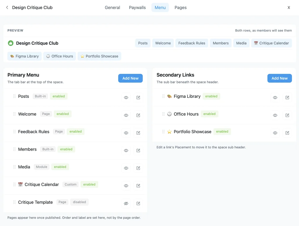 FluentCommunity Space Menu Manager showing a live preview of both menu rows above the Primary Menu and Secondary Links lists