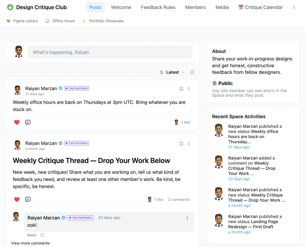 A FluentCommunity space with a reordered tab bar including a custom Critique Calendar tab and a sub bar of emoji-labelled links