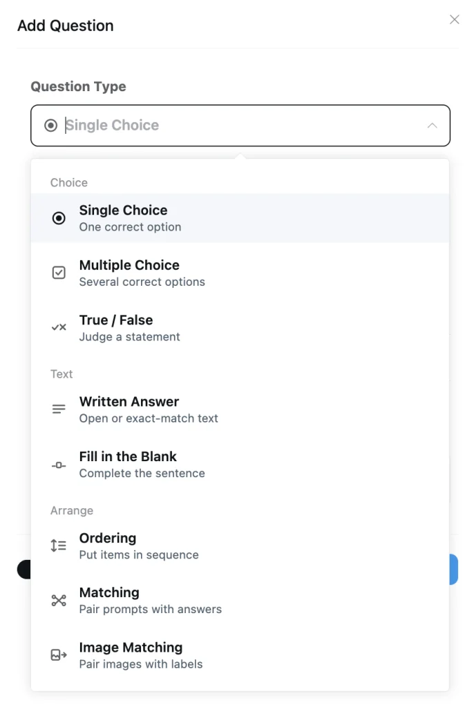 FluentCommunity Add Question dialog with question types grouped into Choice, Text and Arrange, including Written Answer, Fill in the Blank, Ordering and Matching