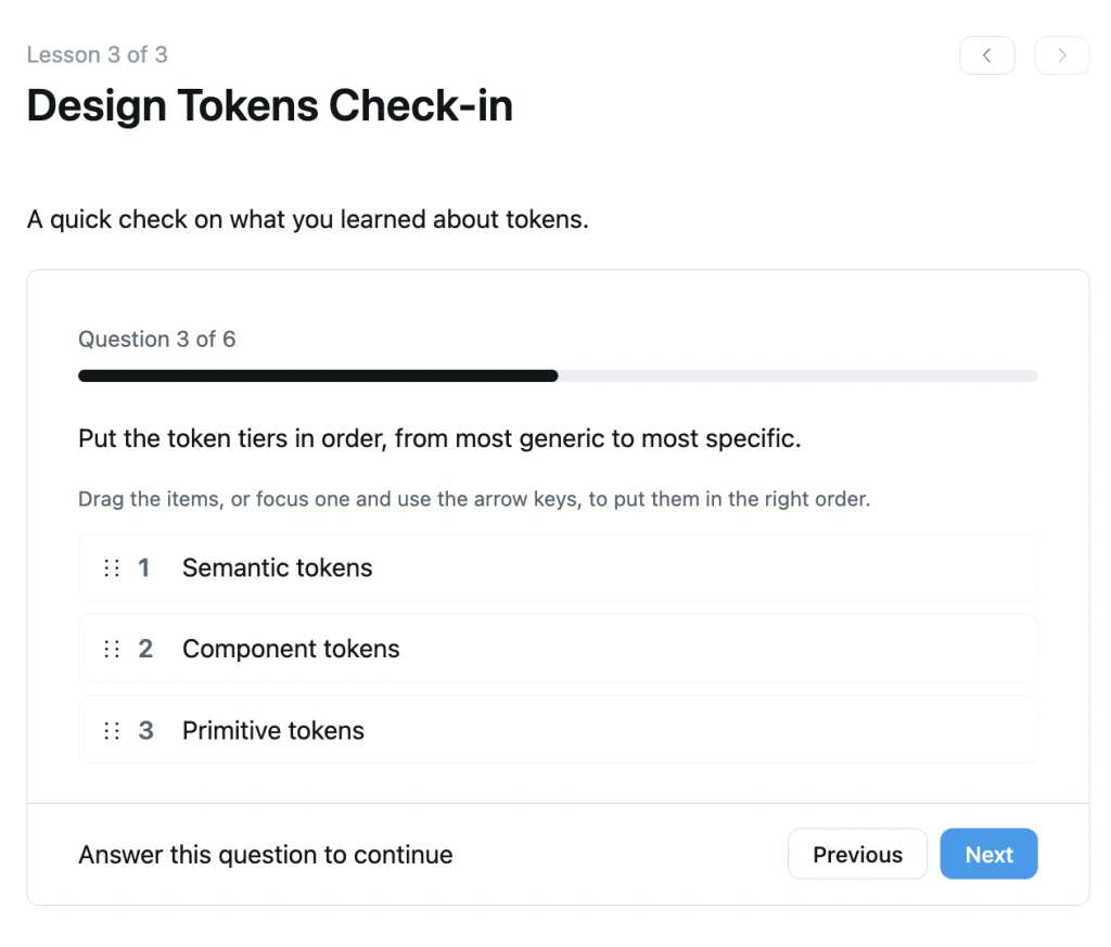 A FluentCommunity quiz in the one-by-one layout showing question 3 of 6, a progress bar and an ordering question with Previous and Next buttons