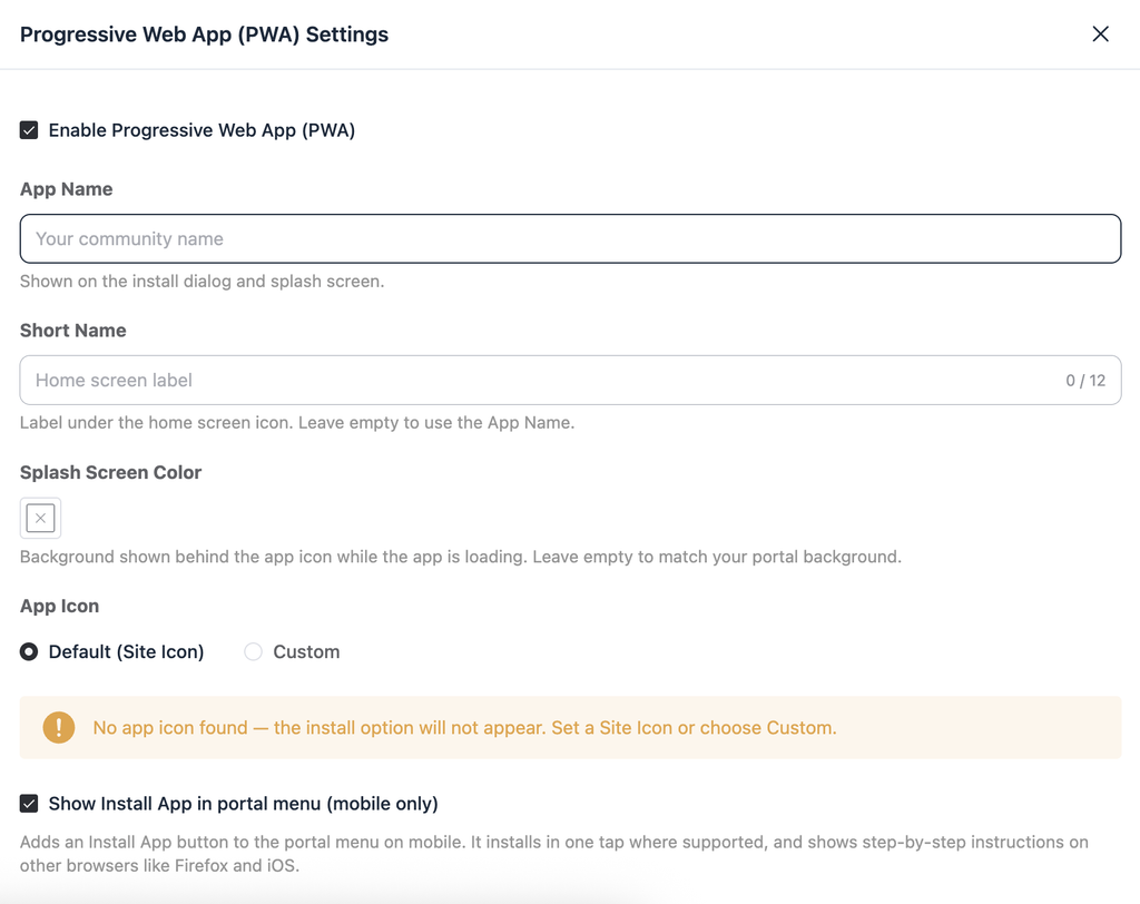 PWA settings
