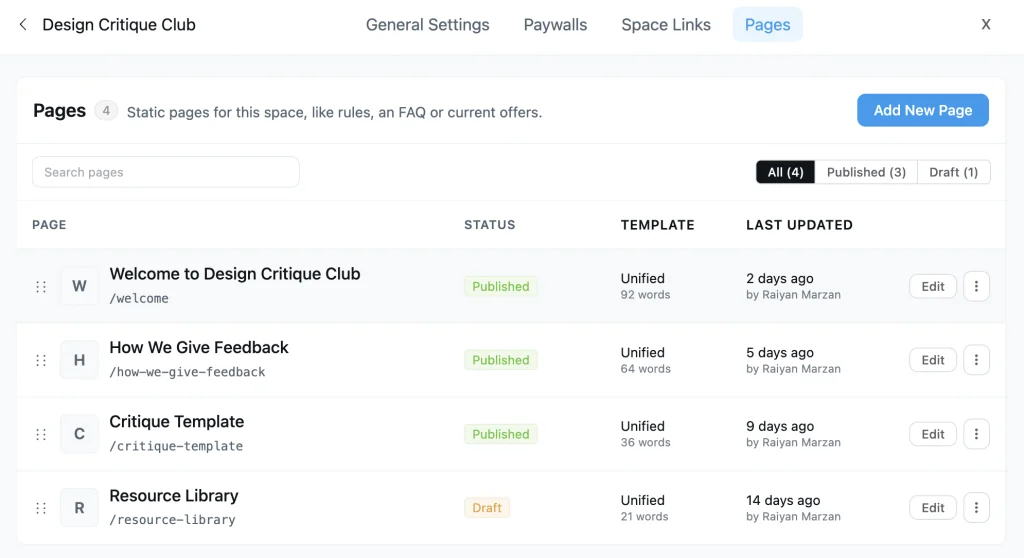 FluentCommunity Pages manager inside a space, listing published pages with their layout and last updated time
