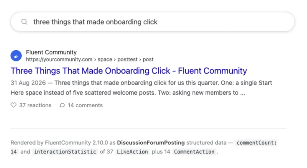 Search engine result showing a FluentCommunity space post with its title, description and engagement counts