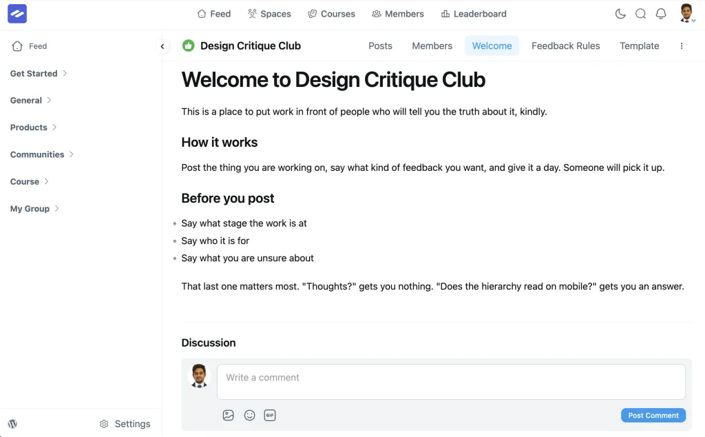 A published space page in FluentCommunity showing formatted content with a comment box underneath
