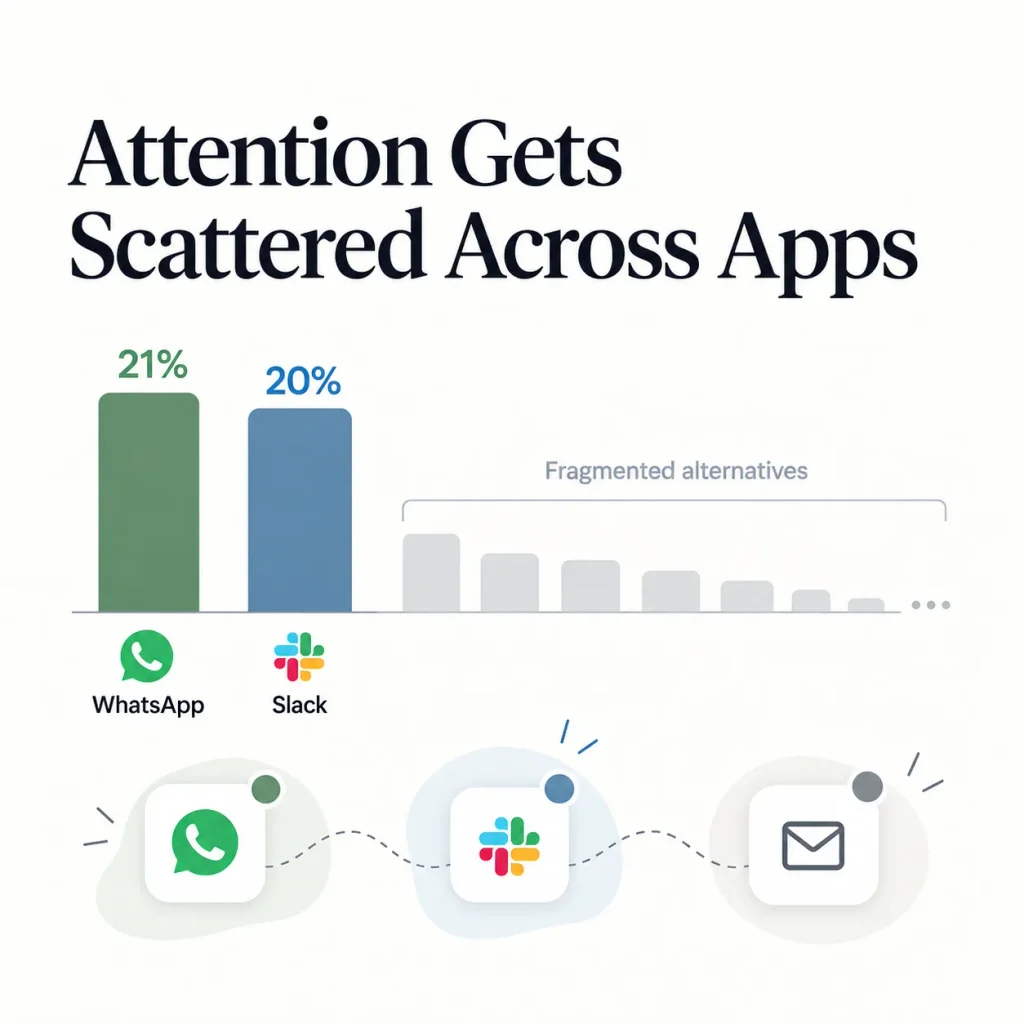 The same report found no clear winner among discussion tools. WhatsApp (21%) and Slack (20%) led a long, fragmented list.