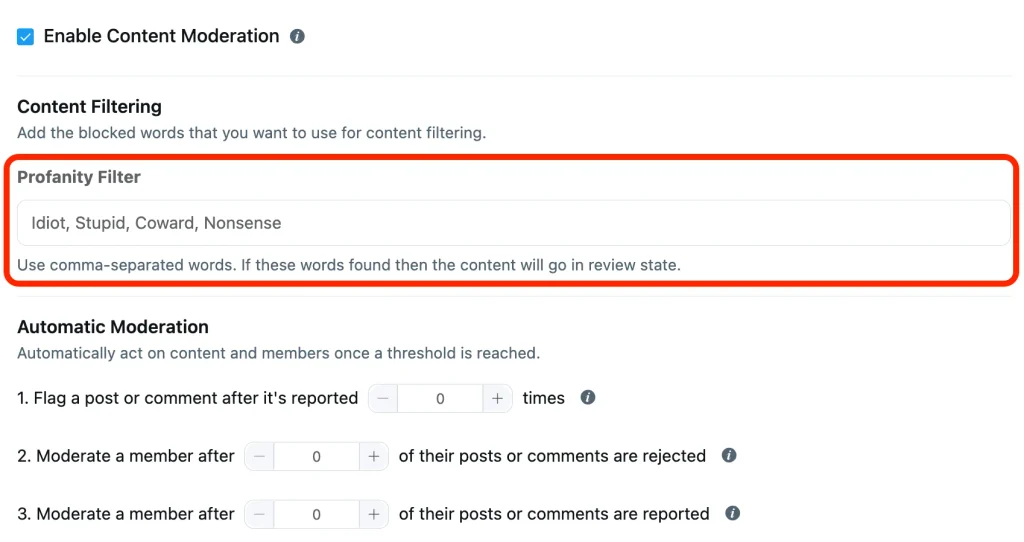 FluentCommunity Moderation Settings modal with Enable Content Moderation and profanity filter fields