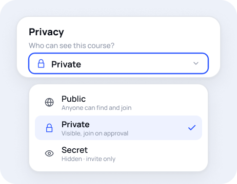 FluentCommunity Space settings panel showing privacy options for a private Space