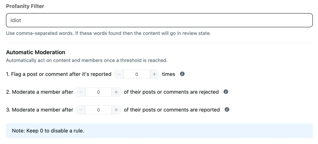 FluentCommunity Settings screen with the Content Moderation tab selected