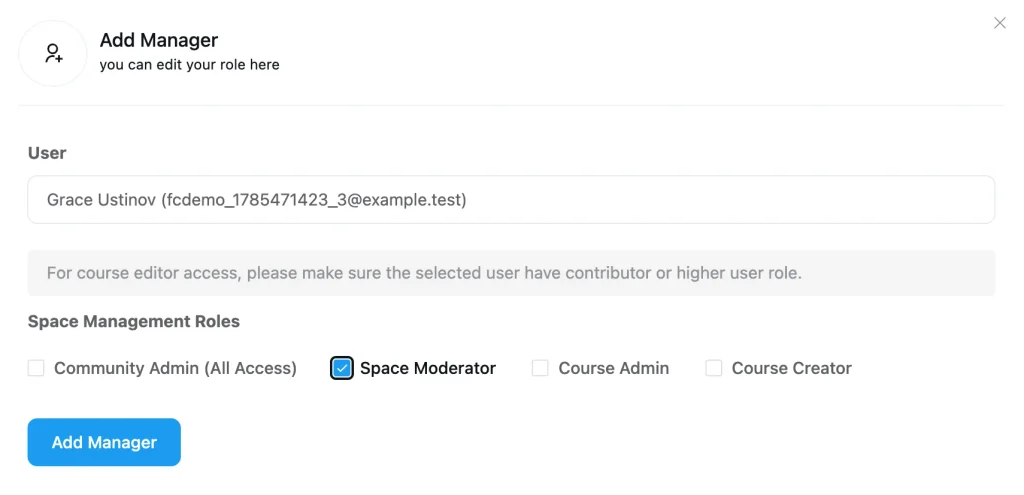 FluentCommunity Space members tab with the Update Role panel set to Moderator