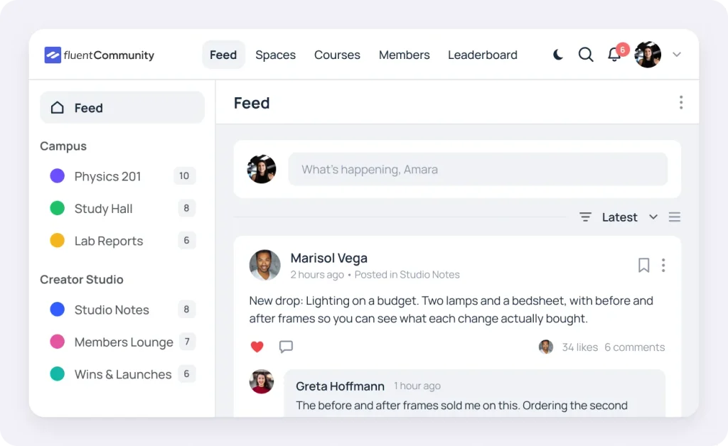 FluentCommunity activity feed in light mode with posts, reactions, and a Spaces sidebar