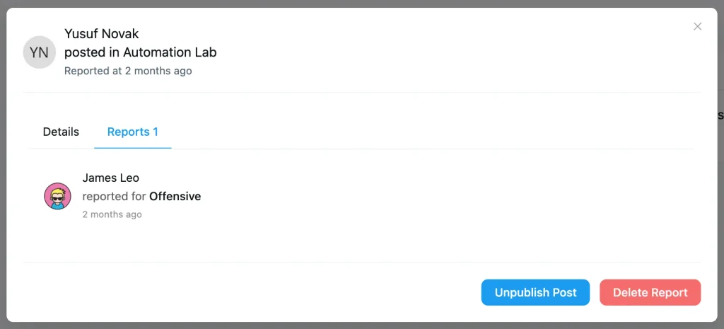 FluentCommunity moderation dashboard showing a test post held after matching a blocked word