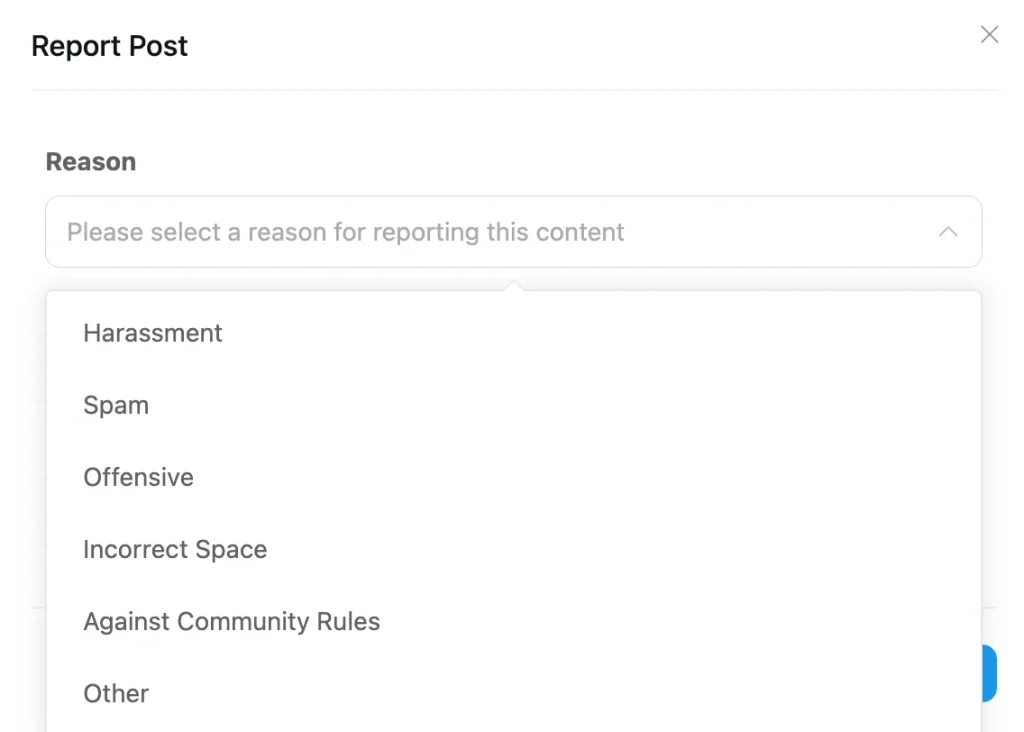 FluentCommunity report post pop-up showing reason options and an optional explanation field