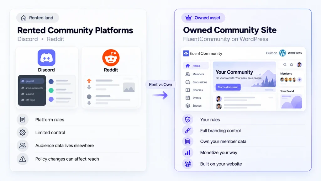 Diagram comparing rented community platforms like Discord and Reddit with an owned FluentCommunity site on WordPress