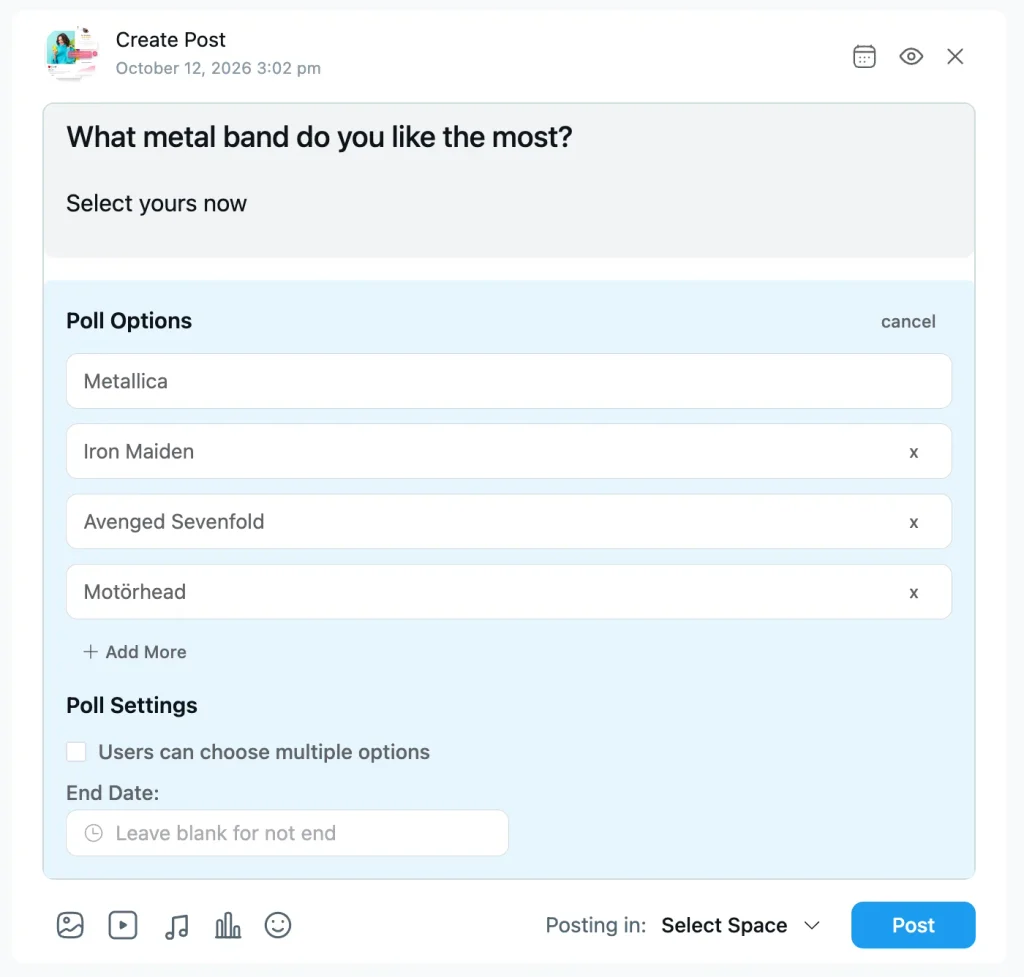 FluentCommunity post composer creating a poll with answer options