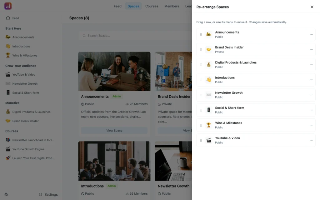 FluentCommunity Re-arrange drawer with spaces being dragged into a custom order