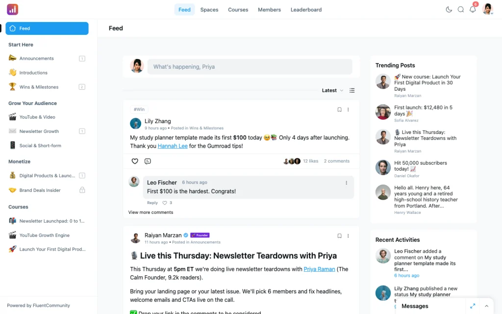 FluentCommunity sidebar showing unread post counts next to joined spaces